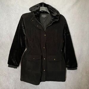 Eden Society Quilted Sherpa Jacket Womens Large Black Faux Fur Hood and Sleeves